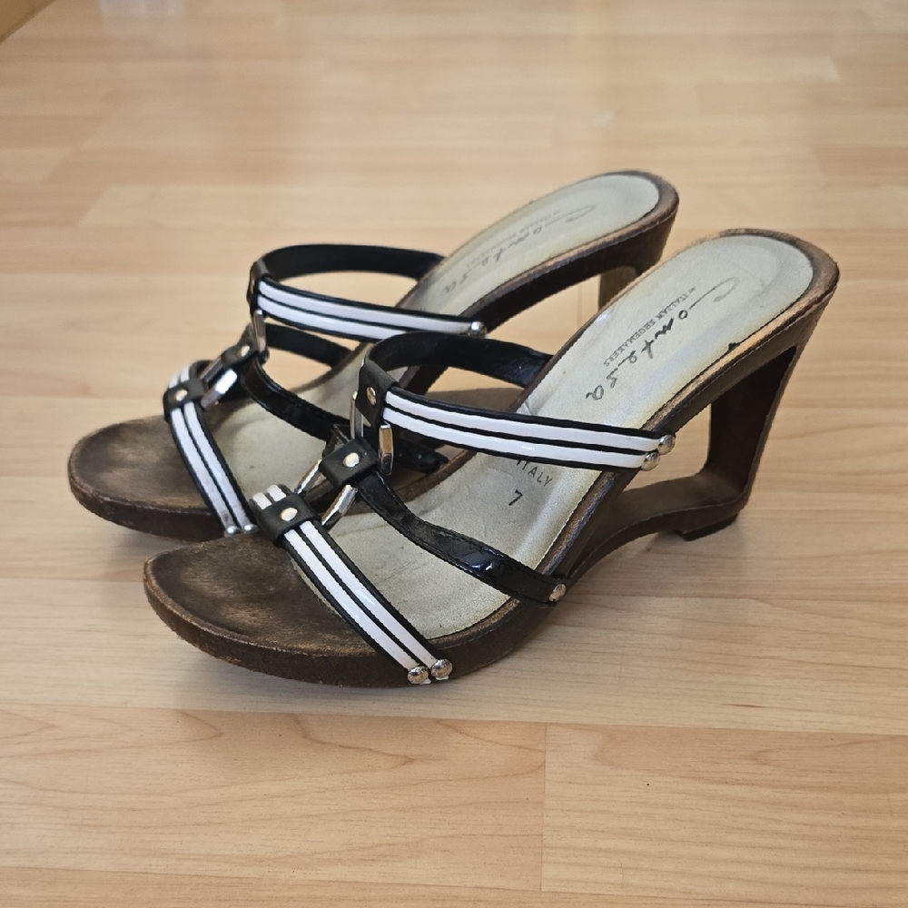 Contessa Wooden Cut Out Heels Black/White Sandals Made In Italy Size 7 US